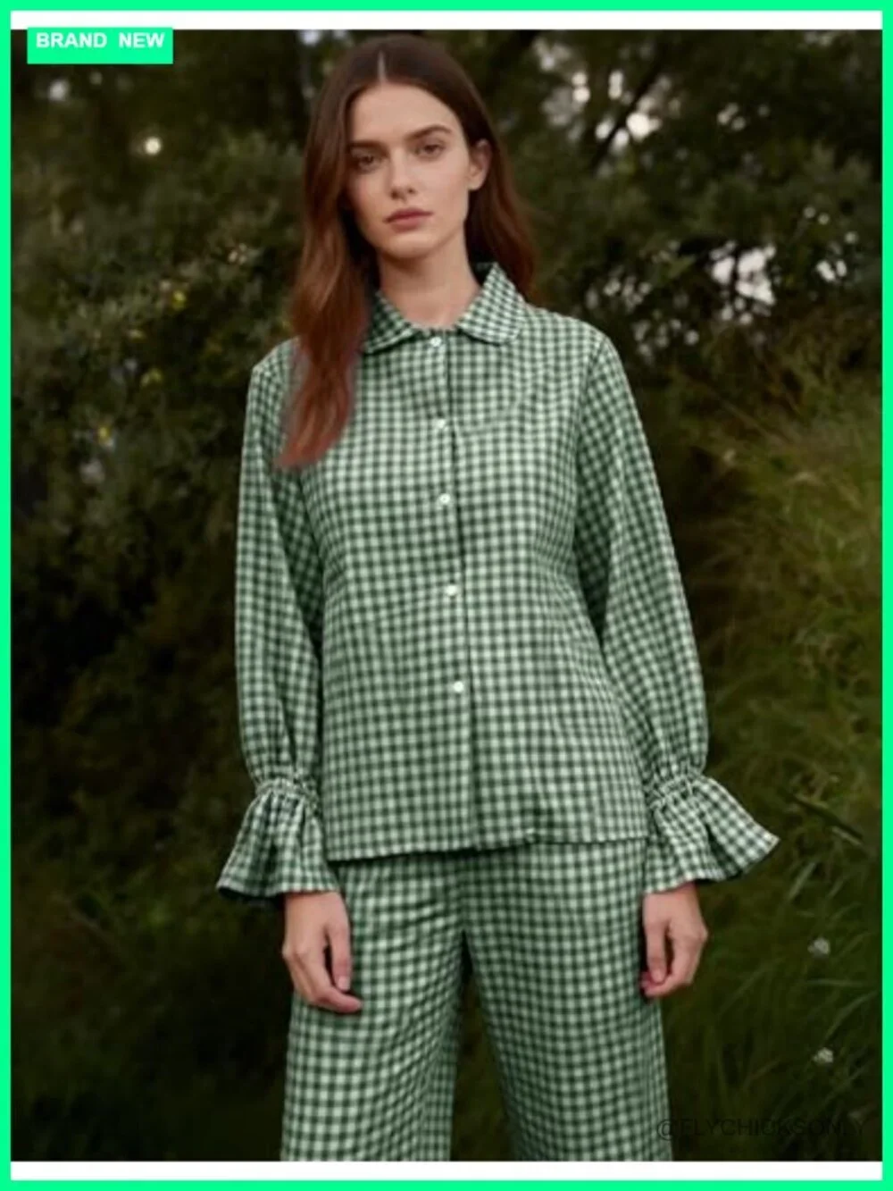 Cotton Plaid Pajama Set Ruffle Sleeve Babydoll Shirt Matching Pants Lounge Set